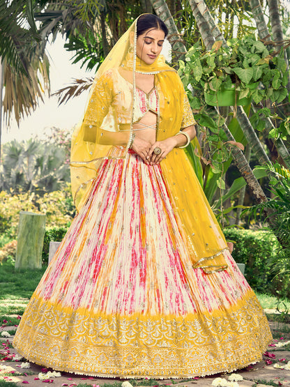 Rajwada Yellow Chinon Embellished Semi Stitched Lehenga With Unstitched Blouse For Women