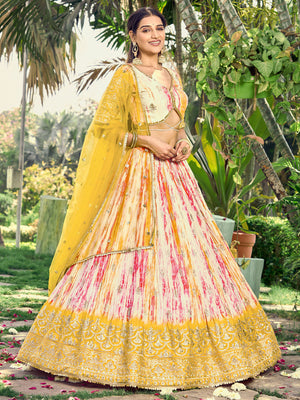 Rajwada Yellow Chinon Embellished Semi Stitched Lehenga With Unstitched Blouse For Women