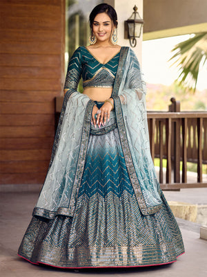 Rajwada Blue Chinon Embellished Semi Stitched Lehenga With Unstitched Blouse For Women