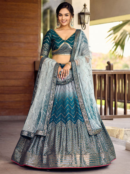Rajwada Blue Chinon Embellished Semi Stitched Lehenga With Unstitched Blouse For Women