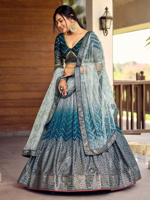 Rajwada Blue Chinon Embellished Semi Stitched Lehenga With Unstitched Blouse For Women