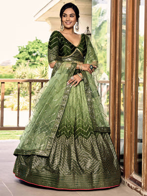 Rajwada Green Chinon Embellished Semi Stitched Lehenga With Unstitched Blouse For Women