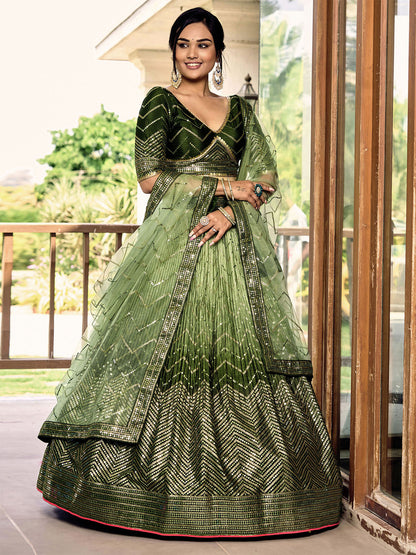 Rajwada Green Chinon Embellished Semi Stitched Lehenga With Unstitched Blouse For Women