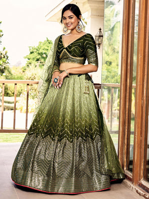 Rajwada Green Chinon Embellished Semi Stitched Lehenga With Unstitched Blouse For Women
