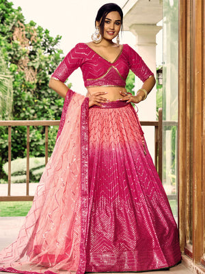 Rajwada Pink Chinon Embellished Semi Stitched Lehenga With Unstitched Blouse For Women