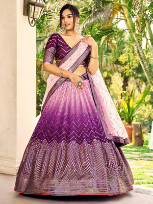 Rajwada Purple Chinon Embellished Semi Stitched Lehenga With Unstitched Blouse For Women