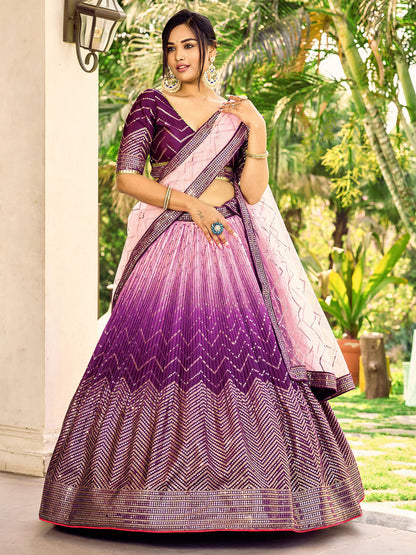 Rajwada Purple Chinon Embellished Semi Stitched Lehenga With Unstitched Blouse For Women