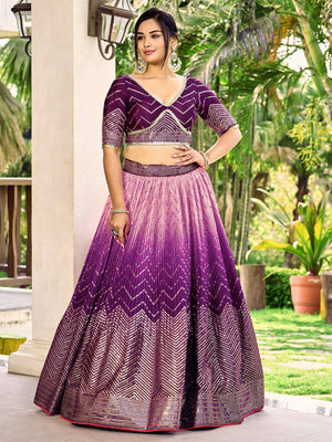 Rajwada Purple Chinon Embellished Semi Stitched Lehenga With Unstitched Blouse For Women