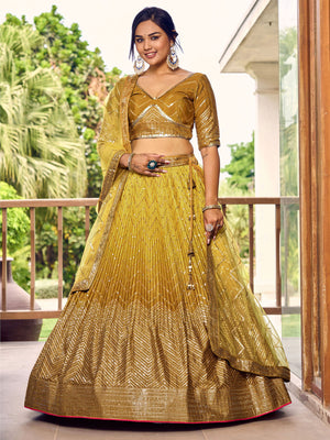Rajwada Yellow Chinon Embellished Semi Stitched Lehenga With Unstitched Blouse For Women