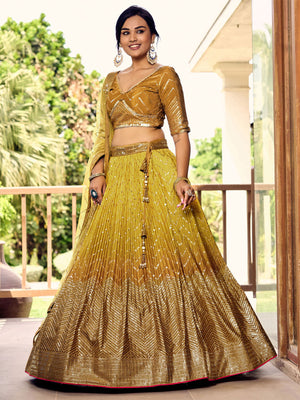 Rajwada Yellow Chinon Embellished Semi Stitched Lehenga With Unstitched Blouse For Women