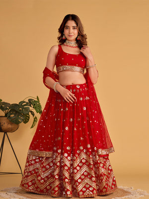Rajwada Red Georgette Embellished Semi Stitched Lehenga With Unstitched Blouse For Women