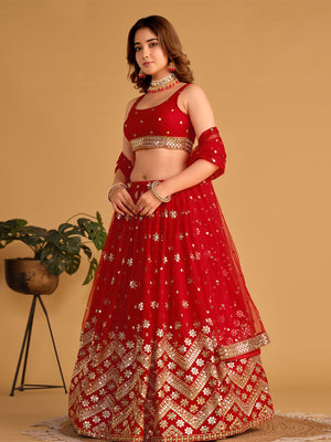 Rajwada Red Georgette Embellished Semi Stitched Lehenga With Unstitched Blouse For Women