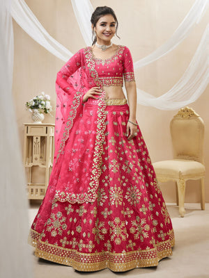Rajwada Pink Art Silk Embroidered Semi Stitched Lehenga With Unstitched Blouse For Women