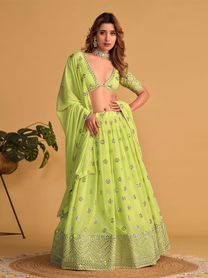 Rajwada Green Georgette Embellished Semi Stitched Lehenga With Unstitched Blouse For Women