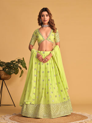 Rajwada Green Georgette Embellished Semi Stitched Lehenga With Unstitched Blouse For Women