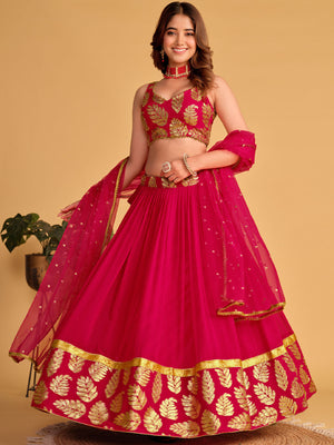 Rajwada Pink Georgette Embellished Semi Stitched Lehenga With Unstitched Blouse For Women