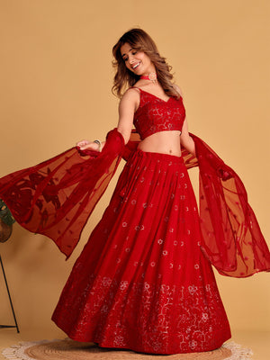 Rajwada Red Georgette Embellished Semi Stitched Lehenga With Unstitched Blouse For Women