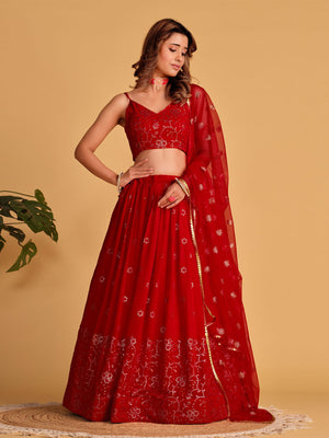 Rajwada Red Georgette Embellished Semi Stitched Lehenga With Unstitched Blouse For Women