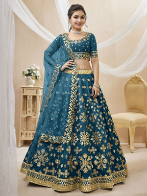 Rajwada Blue Art Silk Embroidered Semi Stitched Lehenga With Unstitched Blouse For Women