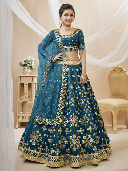 Rajwada Blue Art Silk Embroidered Semi Stitched Lehenga With Unstitched Blouse For Women