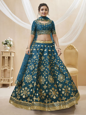 Rajwada Blue Art Silk Embroidered Semi Stitched Lehenga With Unstitched Blouse For Women