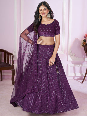 Rajwada Purple Georgette Embellished Semi Stitched Lehenga With Unstitched Blouse For Women