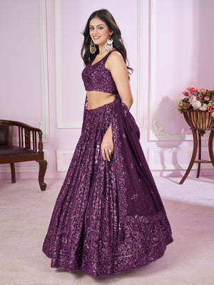 Rajwada Purple Georgette Embellished Semi Stitched Lehenga With Unstitched Blouse For Women