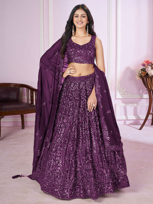 Rajwada Purple Georgette Embellished Semi Stitched Lehenga With Unstitched Blouse For Women