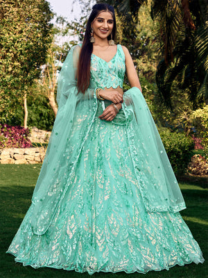 Rajwada Light Blue Soft Net Embellished Semi Stitched Lehenga With Unstitched Blouse For Women