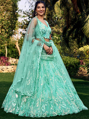 Rajwada Light Blue Soft Net Embellished Semi Stitched Lehenga With Unstitched Blouse For Women