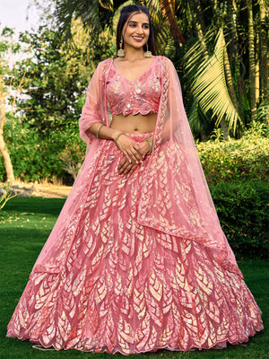 Rajwada Pink Soft Net Embellished Semi Stitched Lehenga With Unstitched Blouse For Women