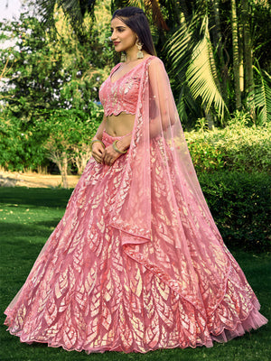 Rajwada Pink Soft Net Embellished Semi Stitched Lehenga With Unstitched Blouse For Women