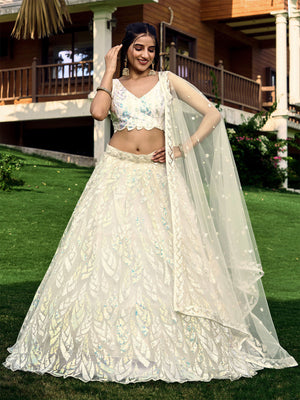 Rajwada Off White Blue Soft Net Embellished Semi Stitched Lehenga With Unstitched Blouse For Women