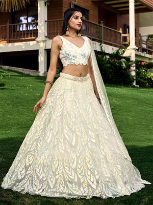 Rajwada Off White Blue Soft Net Embellished Semi Stitched Lehenga With Unstitched Blouse For Women