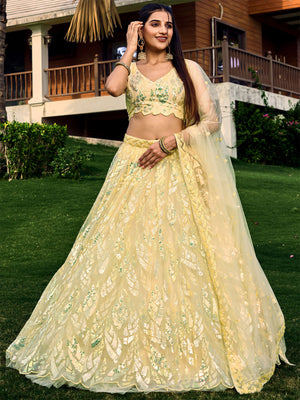 Rajwada Light Yellow Soft Net Embellished Semi Stitched Lehenga With Unstitched Blouse For Women