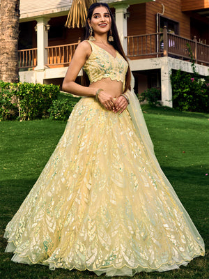 Rajwada Light Yellow Soft Net Embellished Semi Stitched Lehenga With Unstitched Blouse For Women
