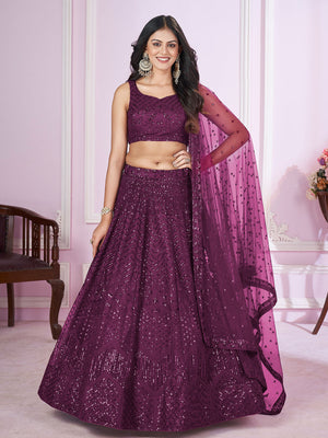 Rajwada Purple Soft Net Embellished Semi Stitched Lehenga With Unstitched Blouse For Women