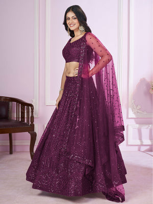 Rajwada Purple Soft Net Embellished Semi Stitched Lehenga With Unstitched Blouse For Women