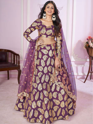 Rajwada Purple Georgette Embellished Semi Stitched Lehenga With Unstitched Blouse For Women