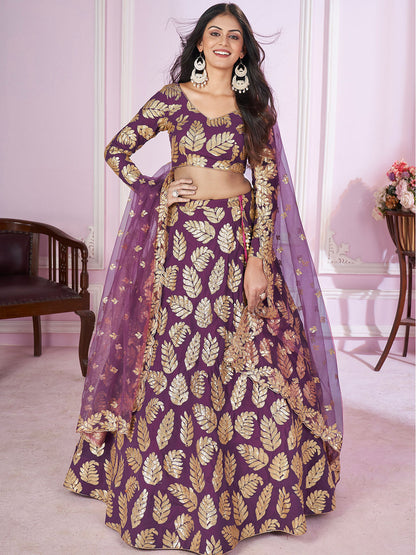 Rajwada Purple Georgette Embellished Semi Stitched Lehenga With Unstitched Blouse For Women