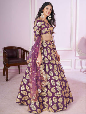 Rajwada Purple Georgette Embellished Semi Stitched Lehenga With Unstitched Blouse For Women