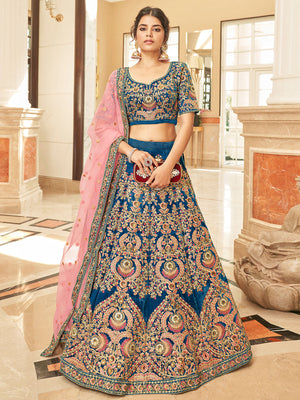 Rajwada Blue Velvet Embroidered Semi Stitched Lehenga With Unstitched Blouse For Women