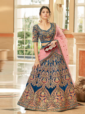 Rajwada Blue Velvet Embroidered Semi Stitched Lehenga With Unstitched Blouse For Women