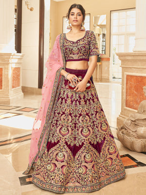 Rajwada Maroon Velvet Embroidered Semi Stitched Lehenga With Unstitched Blouse For Women