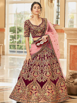 Rajwada Maroon Velvet Embroidered Semi Stitched Lehenga With Unstitched Blouse For Women