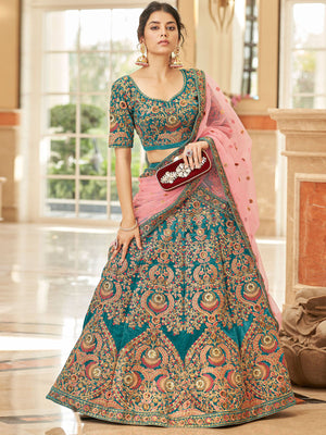 Rajwada Teal Velvet Embroidered Semi Stitched Lehenga With Unstitched Blouse For Women