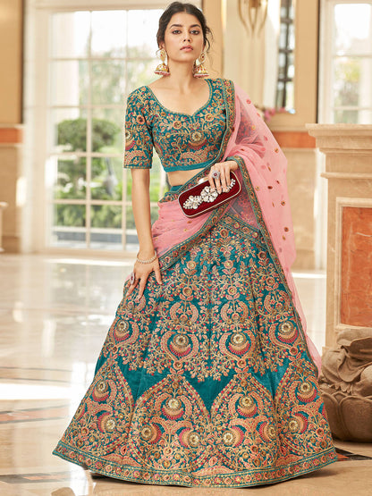 Rajwada Teal Velvet Embroidered Semi Stitched Lehenga With Unstitched Blouse For Women