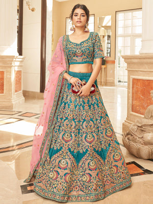 Rajwada Teal Velvet Embroidered Semi Stitched Lehenga With Unstitched Blouse For Women