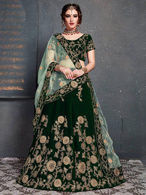 Rajwada Dark Green Velvet Embroidered Semi Stitched Lehenga With Blouse For Women