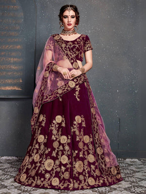 Rajwada Purple Velvet Embroidered Semi Stitched Lehenga With Blouse For Women